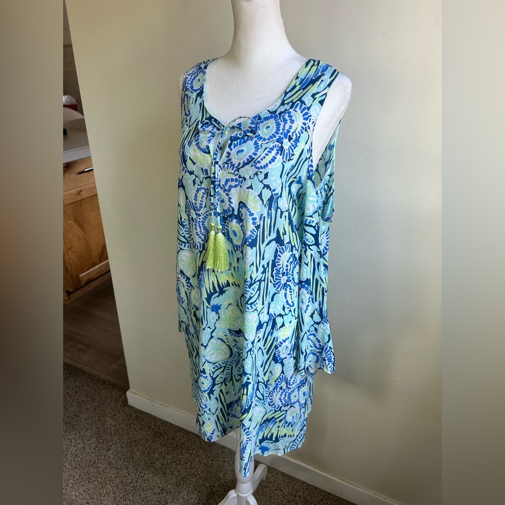 Lilly Pulitzer Cold Shoulder Dress Sz Small Tasseled Airy Blue Green EUC - Picture 12 of 12